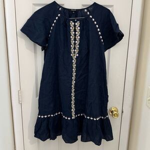 Madewell Embroidered Linen-Blend Raglan Ruffle Mini Dress Size Medium Deep Navy